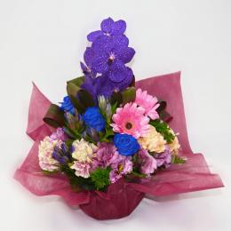 紫ブルー系 蘭が入ったアレンジメント